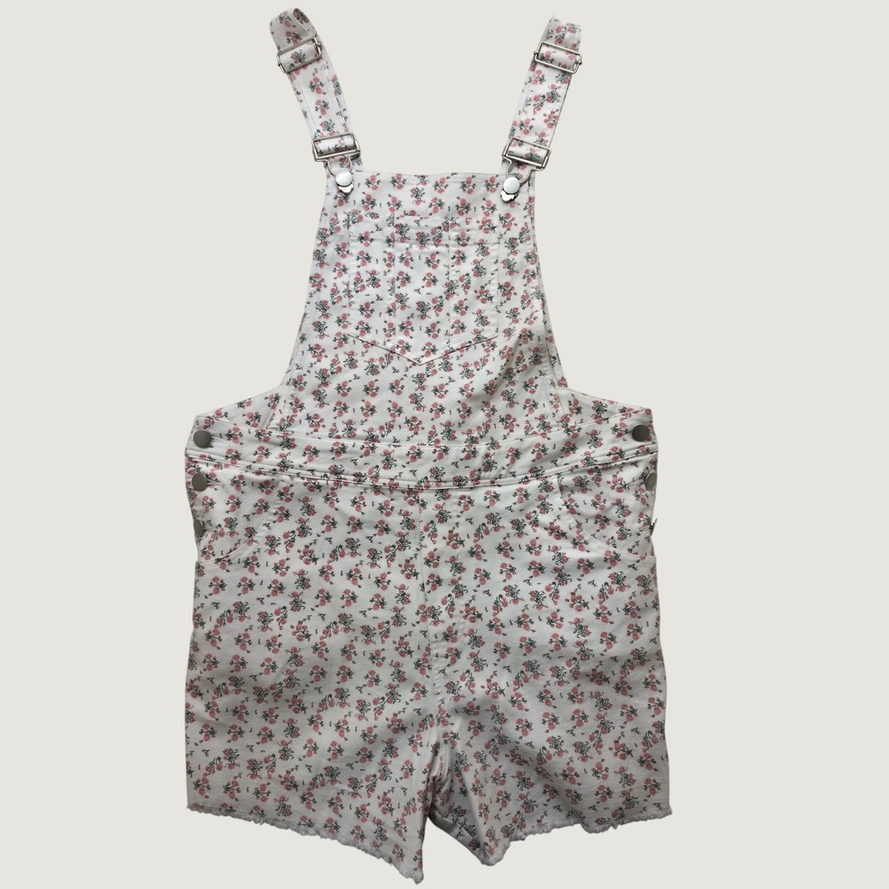 En Merci Floral Overall Shorts Romper Womens L White Pink Raw Hem Shortalls